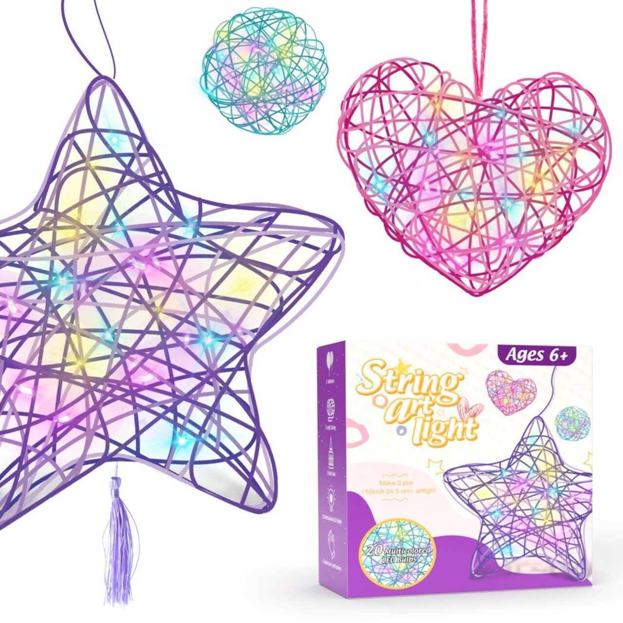 Arts and Crafts for Kids Ages 6-12, 3 Pack 3D String Art Kit for Girls,Christmas  Birthday Gifts for 8 9 10 11 12 Year Old Girls and Boys Heart Star round  Lantern 20 Multi-Colored LED Bulbs